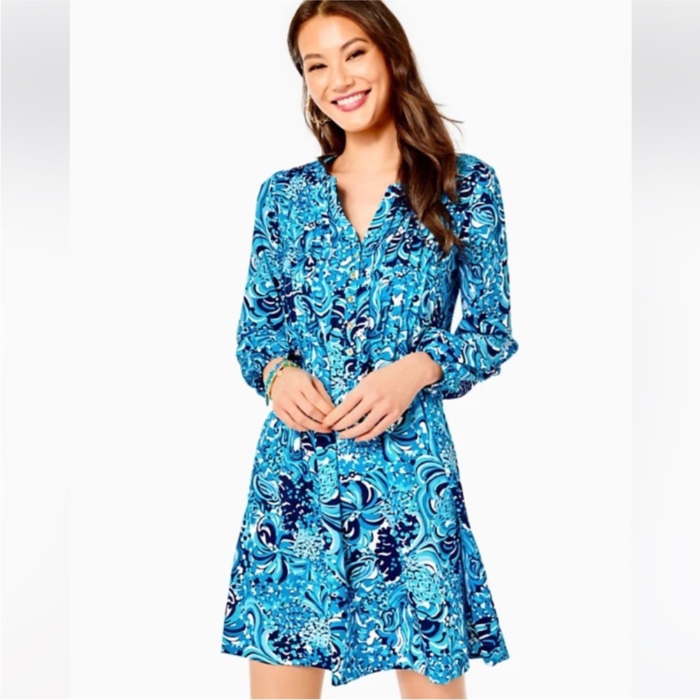 NWT Lilly Pulitzer Seana UPF 50 Long Sleeve Dress in Blue Resort White Mermazing